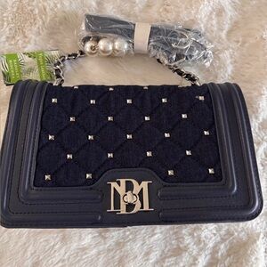 Badgley Mischka Denim Diamond Quilted Crossbody White Pearls Vegan Leather. NWT